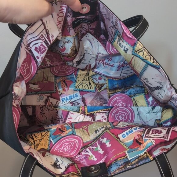 3/$20 Lancome Paris Makeup Tote Bag Shoulder Travel Purse Postcard Stamp Lining - Picture 5 of 8